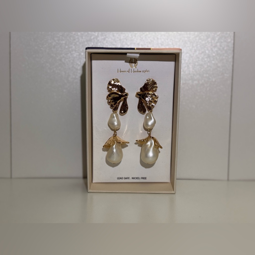 House Of Harlow 1960 Double Pearl Floral Drop Statement Earrings - Picture 3 of 6